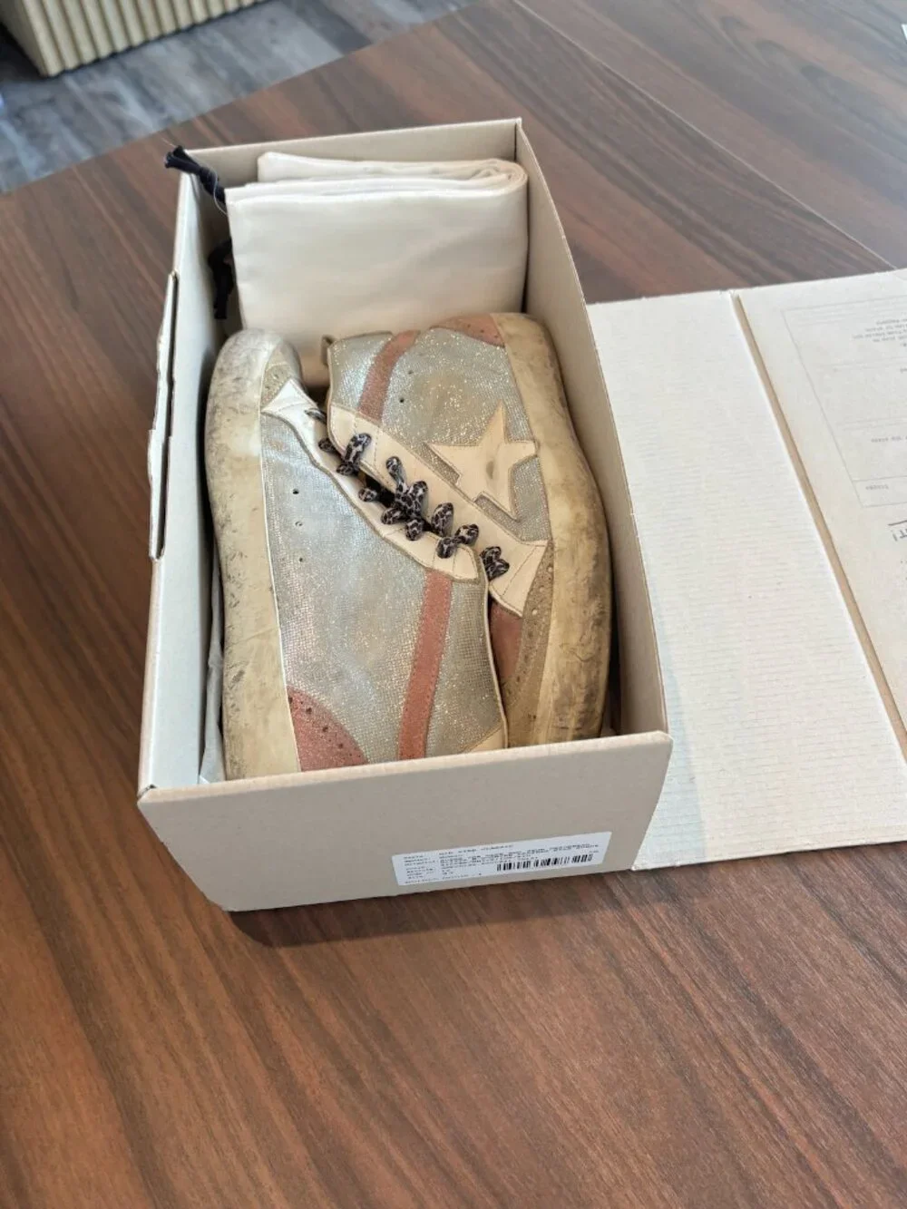 Vintage Golden Goose Womens Pink and Silver Mid Star Sneakers with glitter